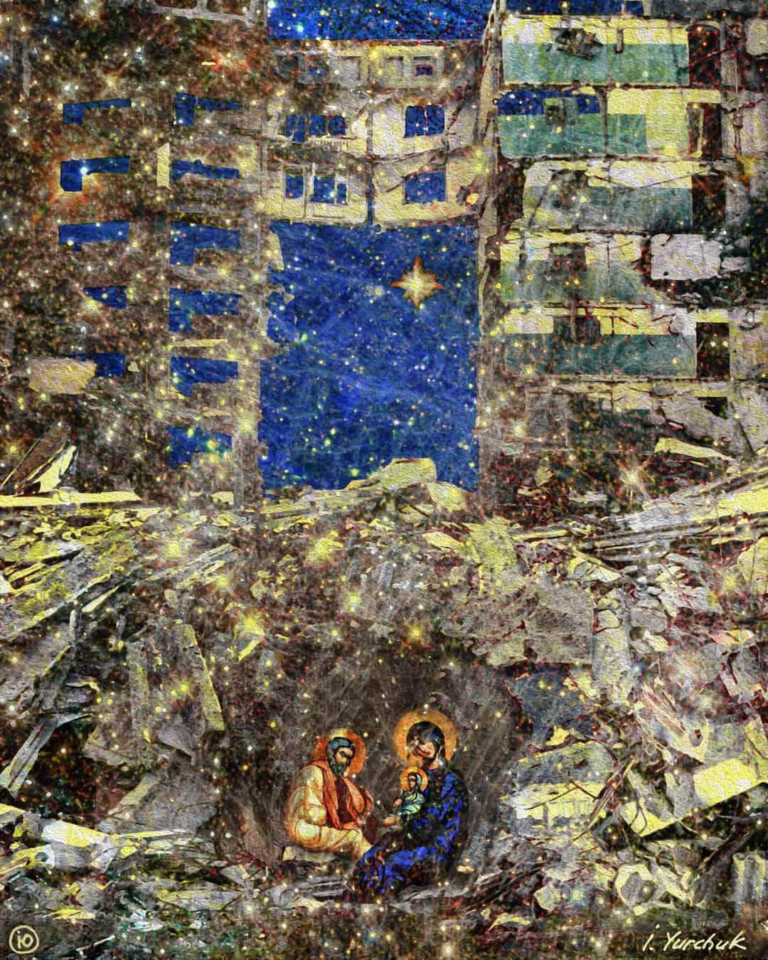 yurchuk-irenaeus_nativity-1 Irenaeus Yurchuk (Іриней Юрчук) (Ukrainian American), "Nativity," 2022. Mixed media on canvas. Used with permission. Artist was born in Ukraine during WWII and raised in upstate New York. The artist "works in mixed media using adjusted photos overlaid with drawing and acrylics. He has a special interest in characterizing buildings due to his background in architecture." "Every warrior's boot used in battle and every garment rolled in blood will be destined for burning..." “Over the years my work has evolved to combine multiple-image photography with drawing and painting, using a variety of digital editing and physical montage techniques,” Yurchuk says. “This includes adjusting inkjet images by applying acrylics, watercolors, pastels, markers, colored pencils together with selected collage materials to achieve a desired effect.” Bishop Sam Rose: (https://www.facebook.com/AnglicanEastNL/posts/6541739089177768/). https://www.facebook.com/inukraine.official/photos/a.1448141988826234/29531